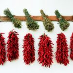 Peperoncini piccanti appesi in un villaggio calabrese durante una festa tradizionale.