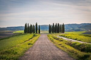 Panorama suggestivo della Via Francigena con colline verdi e antichi borghi.
