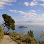 Sentiero in Liguria con vista panoramica sul mare, circondato da vegetazione lussureggiante.